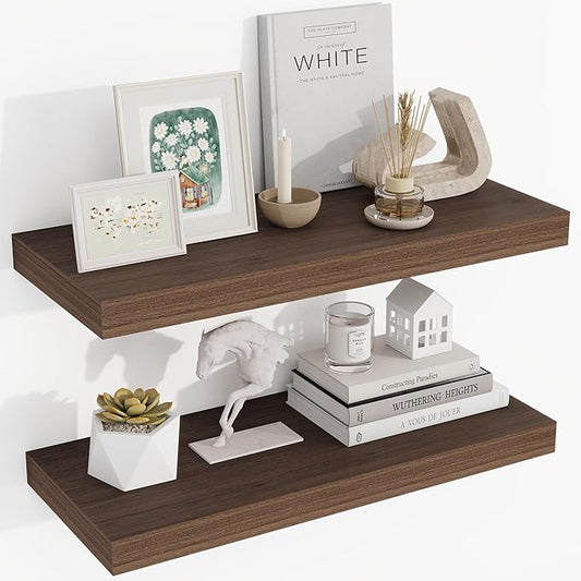 24 Inch Floating Shelves, 24"x9.25"x1.5" Inch Deep Floating Shelves for Wall, Wooden Shelves for Bathroom, Bedroom, Living Room, Walnut