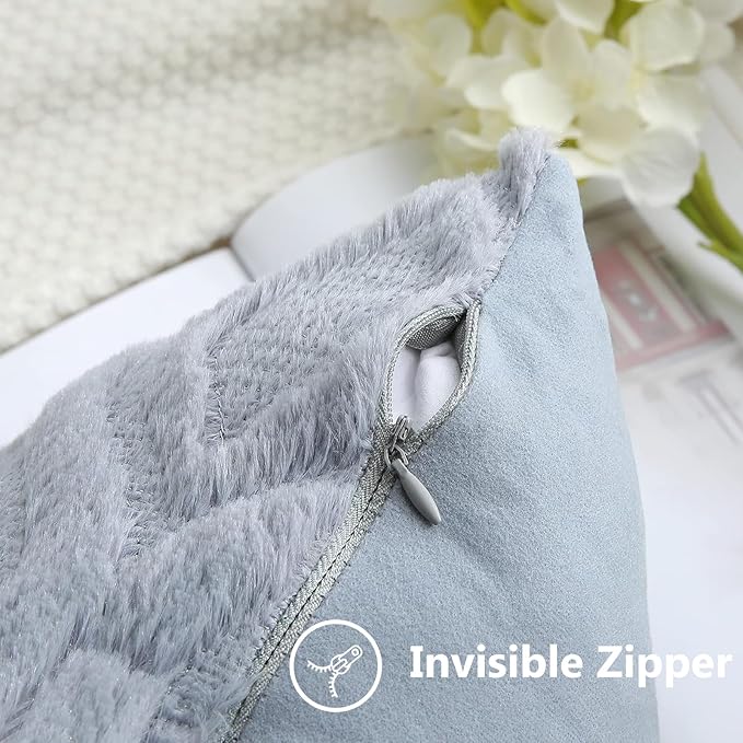 decorUhome Fall Throw Pillow Covers 20x20 Inch Set of 2, Soft Plush Decorative Faux Fur Blue Grey Solid Couch Pillow Covers, Accent Farmhouse Neutral Square Euro Pillow Cases for Sofa Bed Living Room