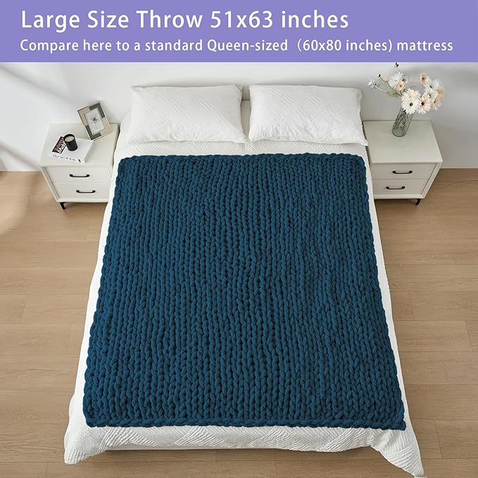 Bigacogo Chunky Knit Throw Blanket for Couch, 51x63 inches, 100% Hand Knitted with Thick Jumbo Chenille Yarn, Cozy Soft Large Rope Knot Cable Crochet Blankets for Sofa Bed Living Room, Deep Sea Blue