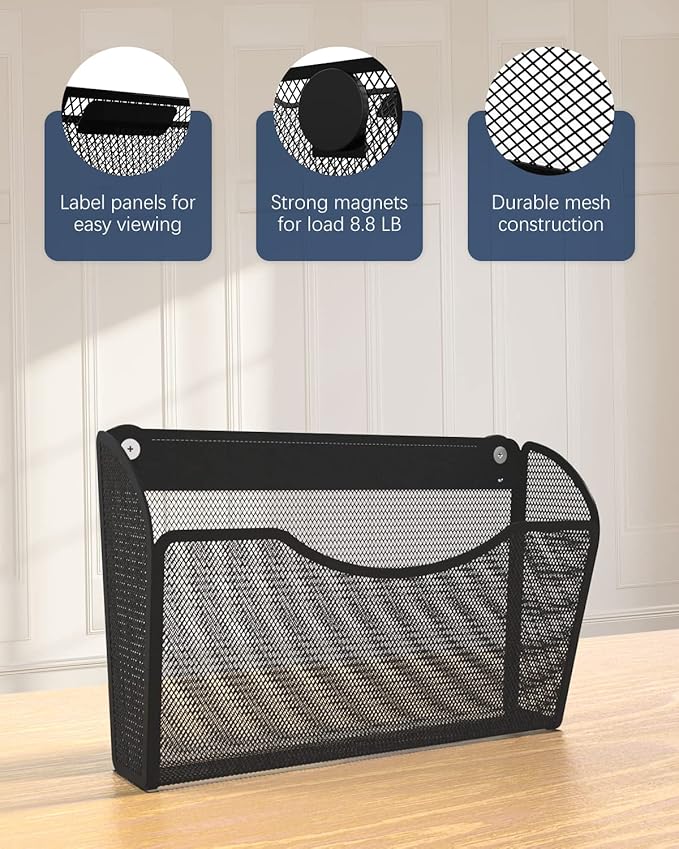 3 Pack 1-Tier Magnetic File Holder - No Drilling Installation File Organizer, Large Capacity Magnetic File Holder for Refrigerator, File Cabinets, Whiteboard, Office, Kitchen