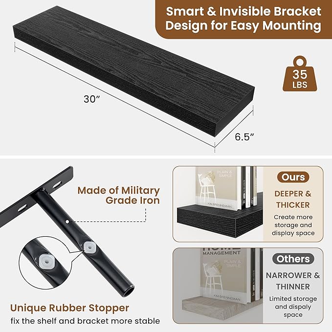 fuqing Floating Shelves for Wall, Bathroom Shelf Wall Mounted for Storage, Shelves with Invisible Bracket for Bedroom, Kitchen, Living Room, Farmhouse Small Book Shelf, 30 Inch Set of 2, Black