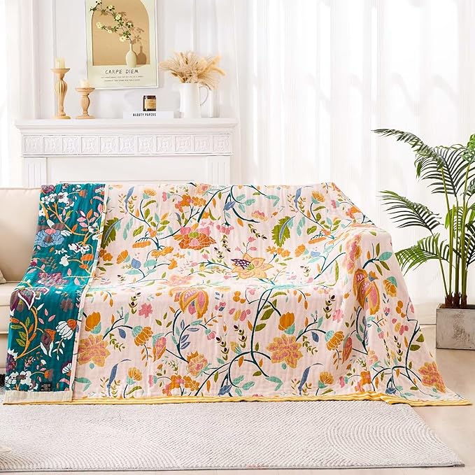 Boho Throw Blanket for Bed, 100% Cotton Soft Rustic Quilt Fall Blanket, 80" 90" Floral Printed Farmhouse Decor Bed Blankets, All Season Rustic Reversible Bohemian Throw Quilt