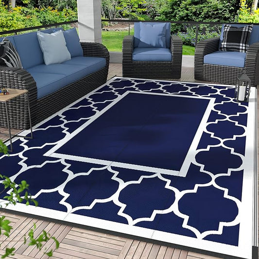 GENIMO 4' x 6' Outdoor Rug Waterproof for Patio Decor, Foldable Reversible Plastic Straw Area Rugs Mat for Camper, Outside Carpet for Rv, Deck, Porch, Picnic, Beach, Balcony, Blue & White