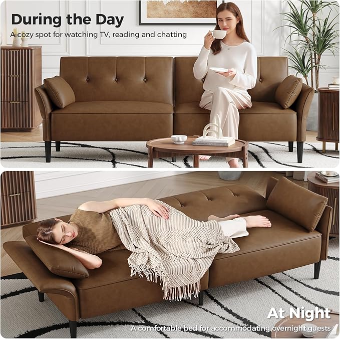 89” Futon Sofa Bed, Faux Leather Futon Couch Bed with 2 Square Pillows, Convertible Sleeper Sofa with Adjustable Backrest& Armrests, Modern Loveseat Sleeper for Living Room, Bedroom, Brown