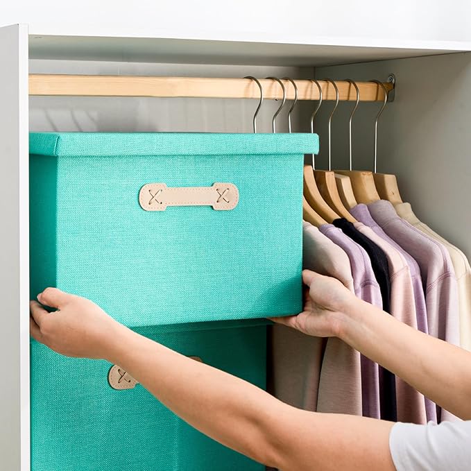 Enzk&Unity Decorative Storage Bins with Lids, Fabric Linen Foldable Storage Box with Handle Home Organizer for Shelf, Closet, Bedroom, Living Room, Office, 3 Packs, Teal
