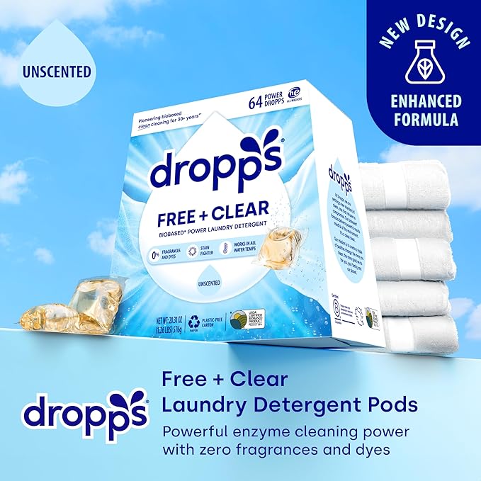 Dropps Free + Clear Biobased Power Laundry Detergent Pods, Unscented (64 Count) - HE Compatible Laundry Pods for Fresh Clothes - Laundry Soap Supplies & Recyclable Paperboard Packaging