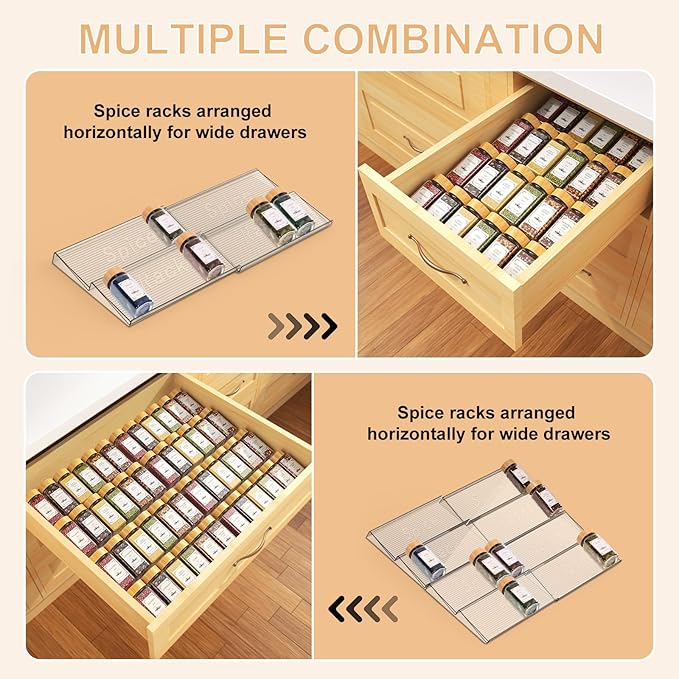 24 Spice Jars with Spice Drawer Organizer, 355 Spice Labels, 4 Pack Expandable From 11'' to 21'' Acrylic Spice Rack for Drawer, Seasoning Containers Storage Organization for Kitchen Cabinet Countertop