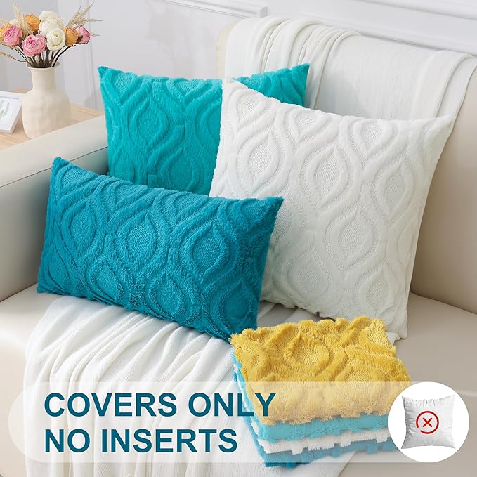 decorUhome Fall Throw Pillow Covers 16x16 Inch Set of 2, Soft Plush Decorative Faux Fur Turquoise Solid Couch Pillow Covers, Accent Farmhouse Neutral Square Euro Pillow Cases for Sofa Bed Living Room
