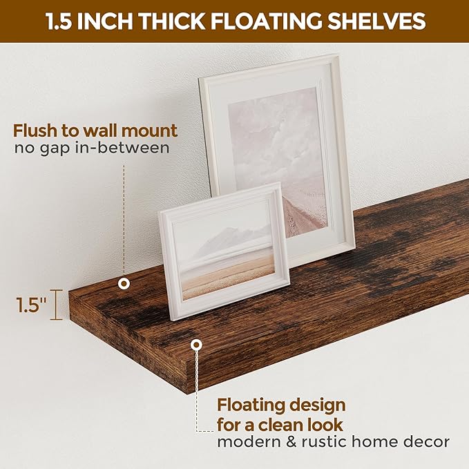 Fun Memories 32 Inch Floating Shelves, Farmhouse Wood Floating Shelf Set of 2, 32 x 9 Floating Shelf Wall Mounted, Deep Storage Display Shelves for Kitchen, Bedroom, Living Room, Rustic Brown Color