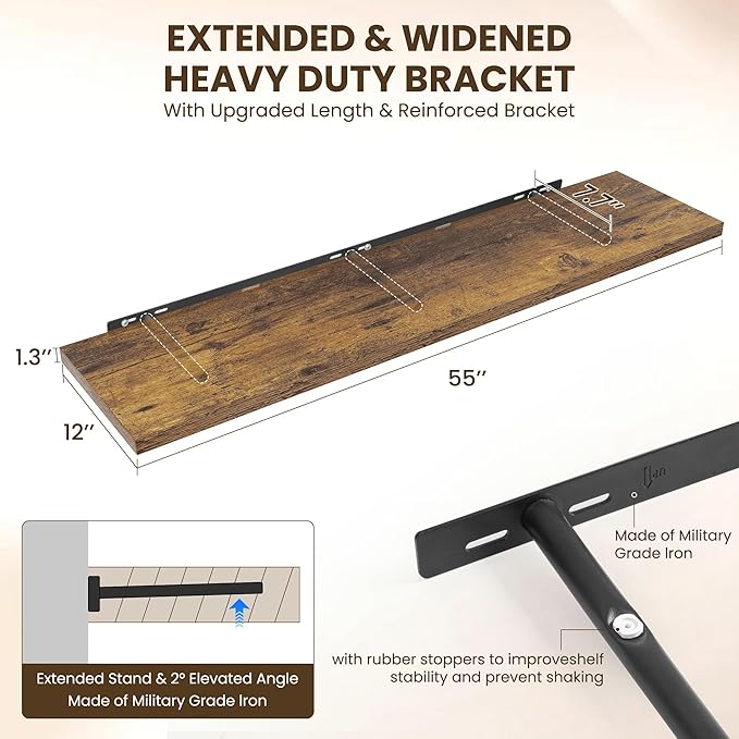 55" Floating Shelves for Wall, 12" Deep Slim Rustic Brown Floating Shelves, Wall-Mounted Shelves for Bedroom, Living Room, Kitchen, Bathroom - Set of 2