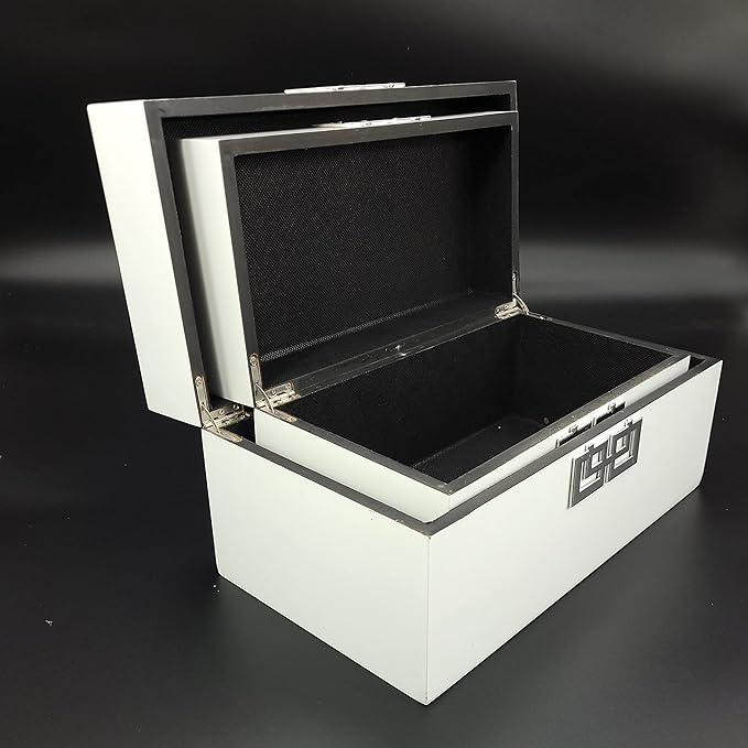 Galt International Storage Box Set Decorative Storage Box w/Hinged Lid Classic Design Wood Decor Boxes with Geometric Clasp Storage for Bedroom & Home - Set of 2 (White & Silver)