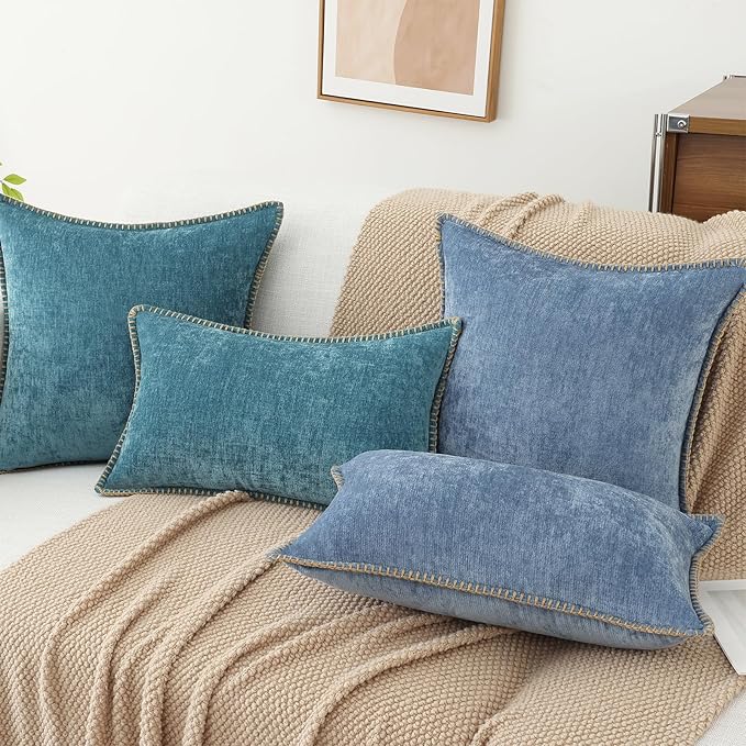 decorUhome Chenille Soft Throw Pillow Covers 20x20 Set of 2, Farmhouse Velvet Neutral Decorative Euro Pillow Covers with Stitched Edge for Couch Sofa Bed Home Decor, Teal
