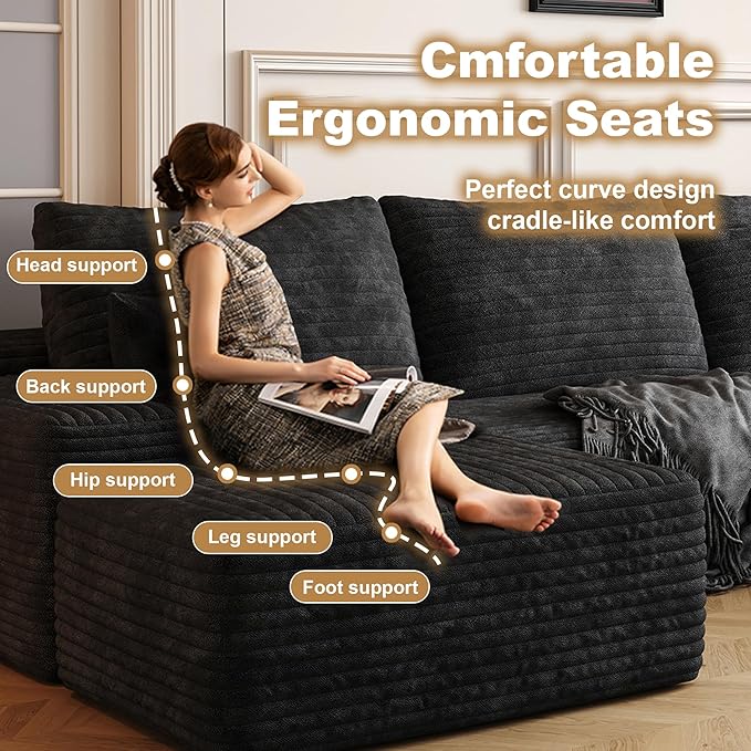 108" Sectional Couches for Living Room Modern Modular Sofa with L-Shape Couchs Upholstered Boneless Couch Deep Seat Sectional Couch with Chaise (Black, Right Facing Chaise+2Seaters+1Ottoman)