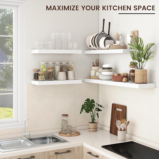 Floating Shelves for Wall, 2 Large Wall Mounted Shelves with Invisible Brackets, Long Wood Floating Wall Shelf Shelves for Living Room, Bedroom, Kitchen, (White, 36" W x 9" D x 1.5" H)