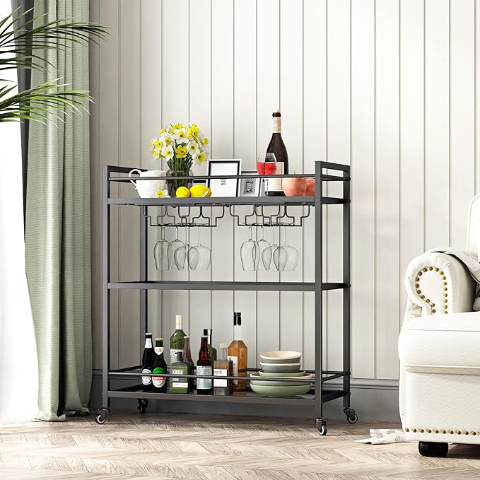 Glass Black Bar Carts for Home with Hanging Wine Rack - Home Bar Serving Cart with 3 Mirrored Shelves, Kitchen Bar Carts, Wine Cart for Entertaining, Club Party.