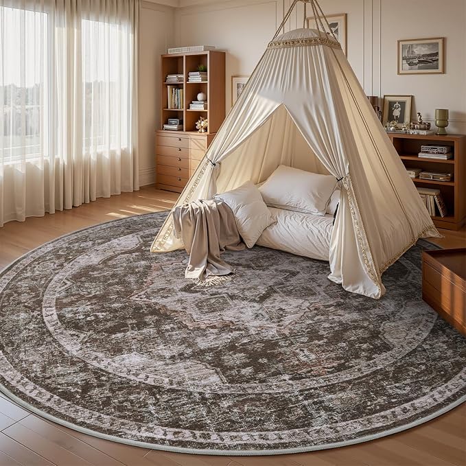 AMOAMI-6FT Round Rug-Rugs for Living Room-Vintage Soft Brick/Brown Rugs for Bedroom-Non Slip Circle Rug-Machine Washable Rug for Dining Room Living Room Bedroom Office Under Table