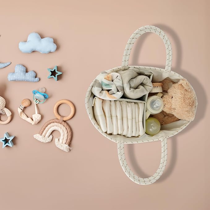 Diaper Caddy Organizer Cotton Rope Baby Basket Nursery Storage and Portable Tote Bag for Car Ideal Baby Shower Gifts and Registry Must-Have for Newborn Essentials striped