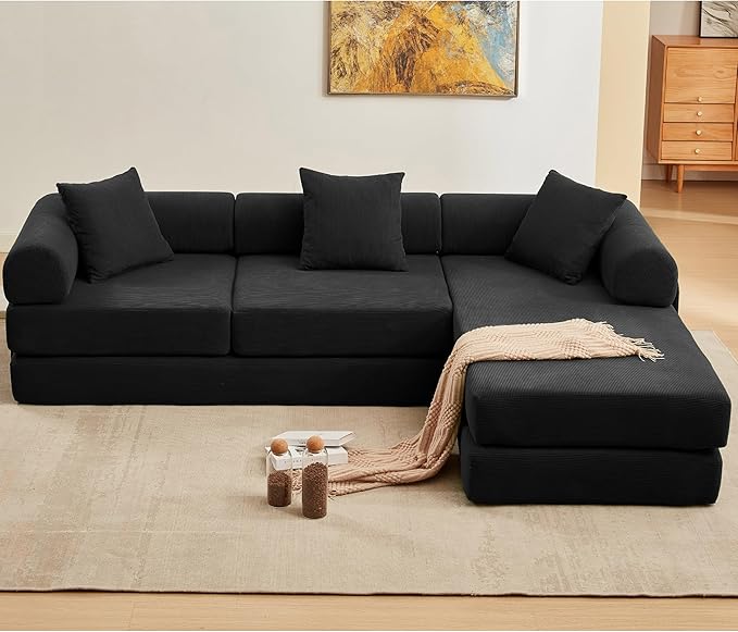 107" Oversized Convertible Sleeper Sofa Bed, Corduroy L Shape Sectional Couch, Folding Sofa Bed with Side Pocket, Modern Cloud Floor Mattress Couch, Modular Sofa for Living Room, Black