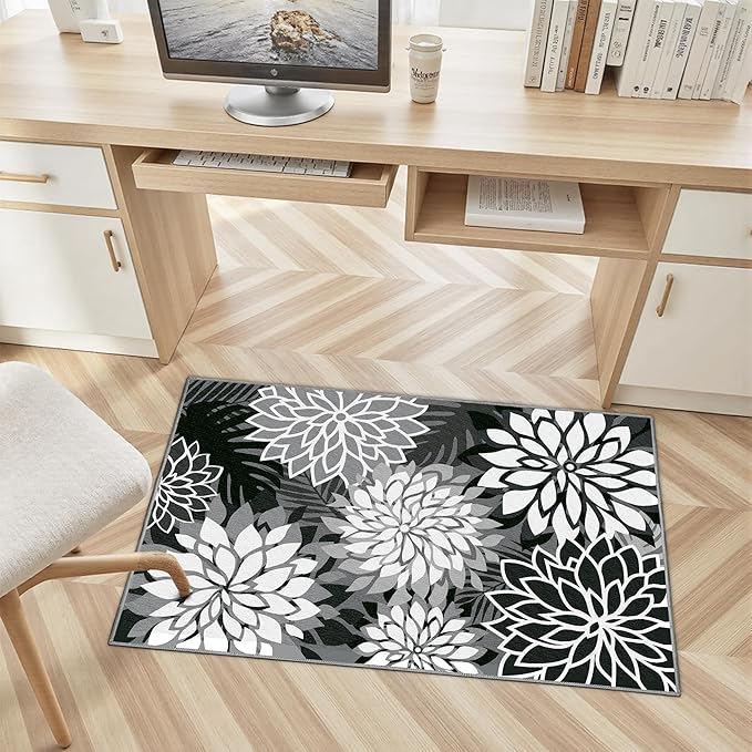Area Rug 2x3 Black White Washable Entry Small Rug Multicolored Tropical Botanical Modern Floral Indoor Kitchen Door Mat Entrance Carpet Non Slip for Bedroom Living Room, Porch