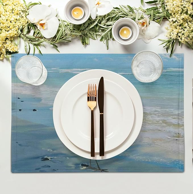 Blue Heron Placemats Set of 4 Summer Coastal Beach Pelican Placement Mats for Dining Table Nautical Ocean Bird Pattern Washable Non-Slip Heat-Resistant Linen Place Mats