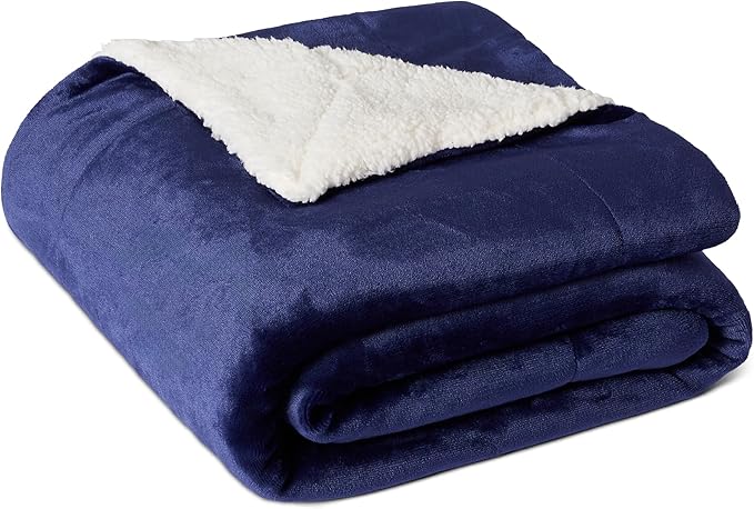 Amazon Basics Reversible Sherpa Throw Blanket, Navy, 50"x60"