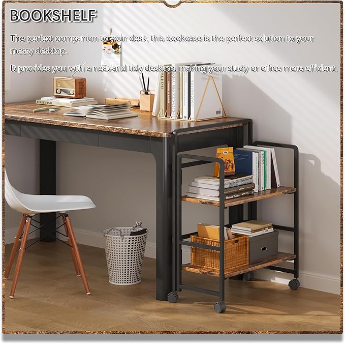 4NM 2 Tiers No-Assembly Folding Bookshelf with Wheels, Portable Rolling Storage Bookcase & Compact Side Table for Living Room, Bedroom, Kitchen, Bathroom (Rustic Brown and Black)