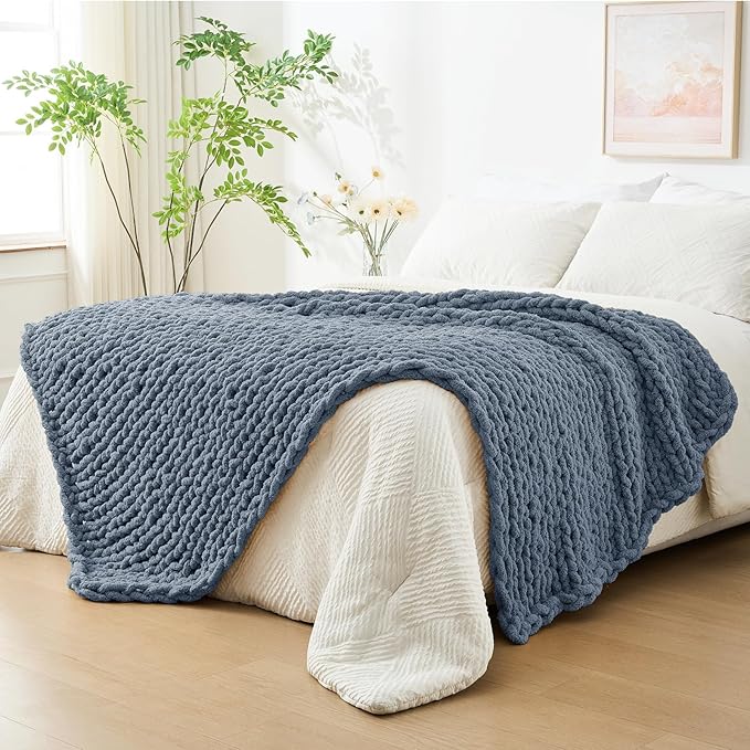 Bigacogo Chunky Knit Throw Blanket for Couch, 40x80 inches, 100% Hand Knitted with Thick Jumbo Chenille Yarn, Cozy Soft Large Rope Knot Cable Crochet Blankets for Sofa Bed Living Room, Cold Sea Blue