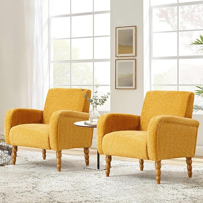Chenille Fabric Accent Chairs Set of 2, Upholstered Armchair with Solid Wood Legs, Modern Living Room Accent Chair, Comfy Single Sofa Reading Club Chair for Bedroom Reception Lounge, Yellow