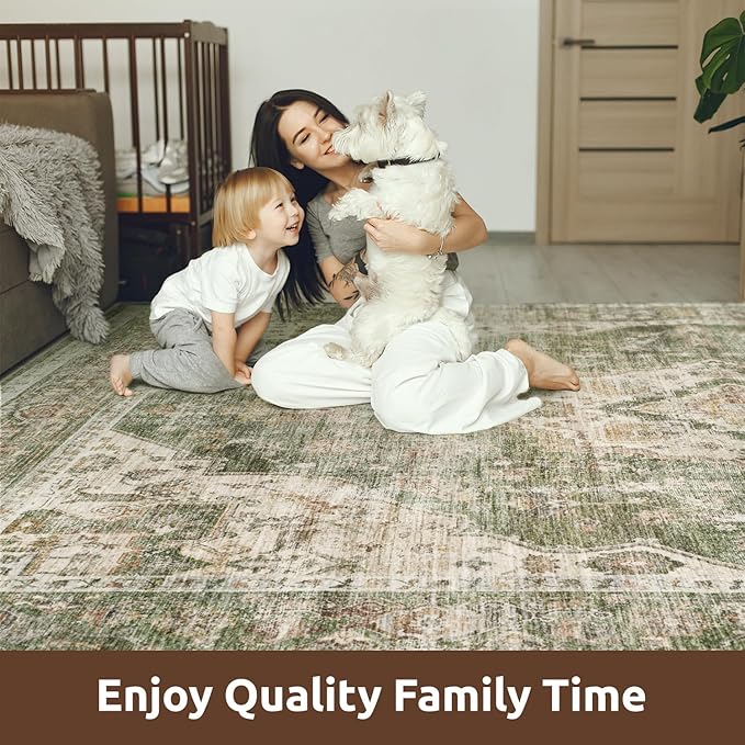 AMOAMI-4X6 Area Rugs for Living Room -Soft Vintage Bedroom Rugs-Non Slip Washable Rug-Throw for Living Room Bedroom Bedside Dining Room Office Green