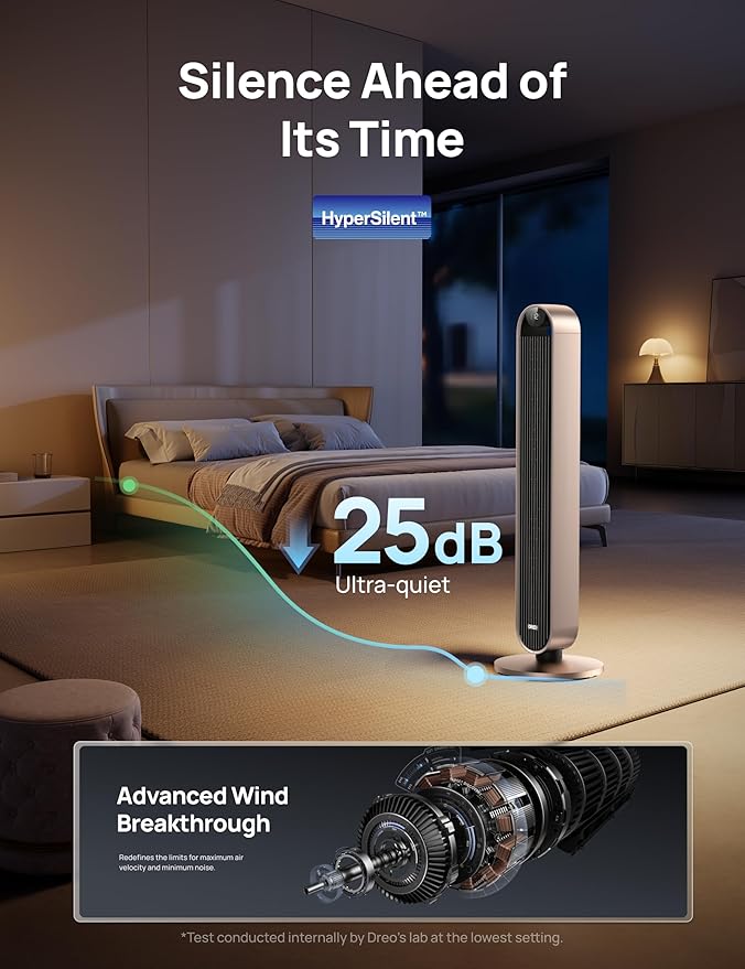 Dreo Smart Tower Fan Voice Control, 120° Oscillating Fan Works with Alexa/Google/App/Remote, 42 Inch, 25dB Quiet DC Bladeless Fan for Bedroom,12 Speeds, Floor Fan for Home, Office, Pilot Max S