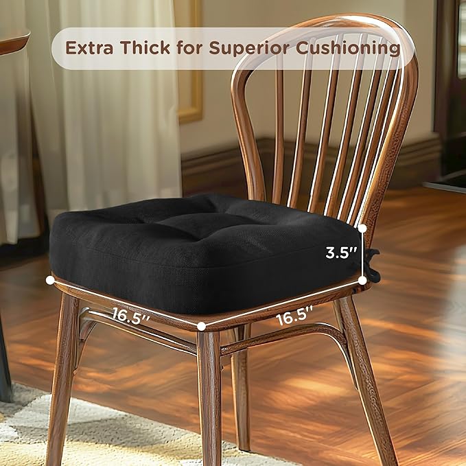 Codi Dining Chair Cushions 4 Pack, Thick Chairs Pads for Indoor Kitchen Room - Washable, Non-Slip Memory Foam Seat Cushion with Ties, 16.5"x16.5"x 3.5", Set of 4, Black