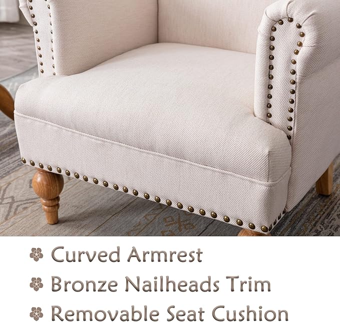 chairus Linen Accent Chair for Living Room Upholstered Mid Century Modern Single Sofa Chair with Solid Wood Legs Comfy Reading Chair Armchair for Bedroom/Office Room/Recption/Lounge, Cream