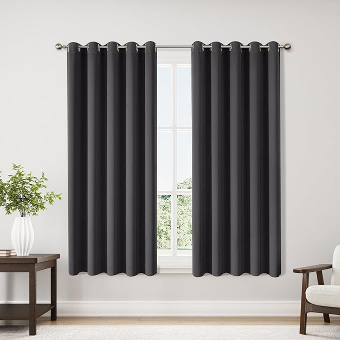 ChrisDowa Blackout Curtains 70 inches Wide for Bedroom - 2 Panels Set Extra Wide Grommet Thermal Insulated Room Darkening Curtains for Living Room (Dark Grey, 70 x 63 Inch)