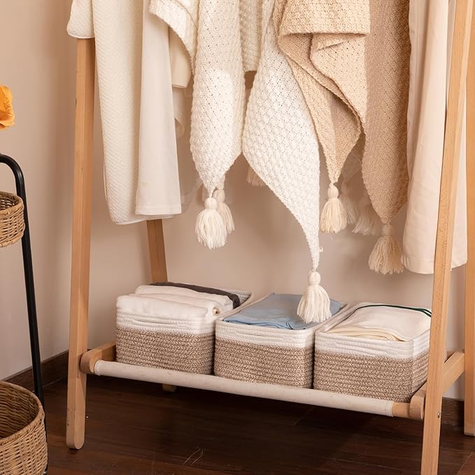 3 Pack Small Storage Baskets for Organizing, Cute Woven Decorative Gift Baskets for Shelves, Mini Closet Organizer Bins with Handles-13''Lx8.66''Wx5.11''H-Brown and White