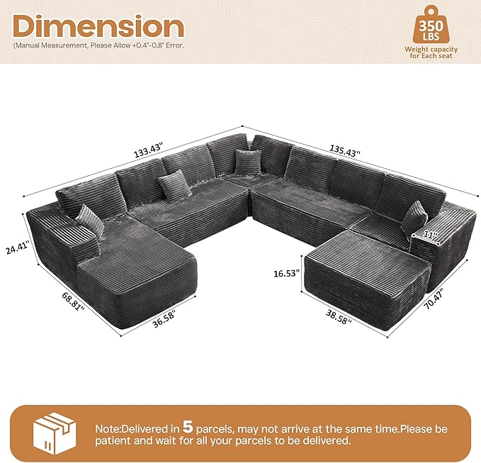 Cloud Sectional Couches for Living Room,G Shaped Modular Sofas No Assembly,135x133 Inches Plush Corduroy Oversized Floor Couch Set with Deep Seat Chaise,Grey