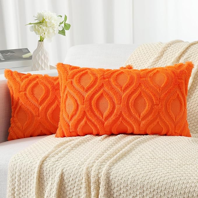 decorUhome Fall Throw Pillow Covers 12x20 Inch Set of 2, Soft Plush Decorative Faux Fur Orange Solid Couch Pillow Covers, Accent Farmhouse Neutral Lumbar Euro Pillow Cases for Sofa Bed Living Room