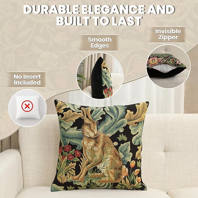 Charlotte Home Furnishings Throw Pillow Covers, Decorative Boho Pillow Covers for Couch, Living Room, Brown Hare Square Cushion Cases 18x18 in, European Cotton Jacquard Woven for Cozy Bedroom Decor