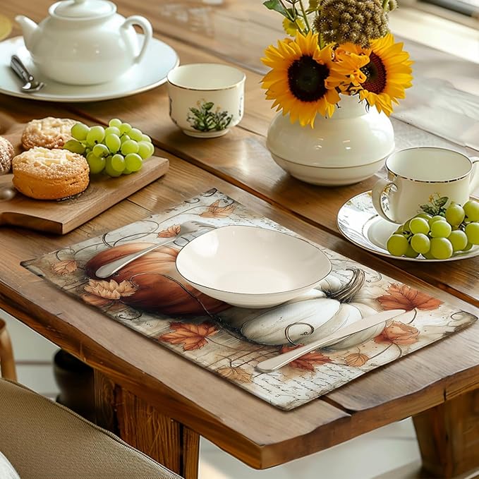 Fall Vintage Pumpkin Leaves Placemats Set of 4 Autumn Thanksgiving Harvest Linen Dinner Place Mats 12x18 Burnt Orange and White Rustic Farmhouse Decorative Kitchen Table Mats