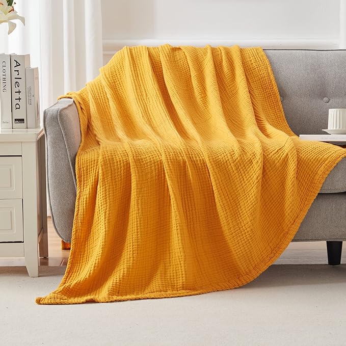 EMME Cotton Twin Blanket 100% Muslin Blanket for Couch Breathable Gauze Blanket All Season Soft and Lightweight Pre-Washed (Mustard Yellow, 60"x80")