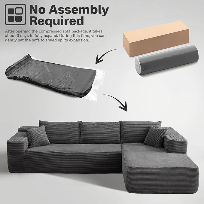 104" Cloud Sectional Couches for Living Room,L Shaped Boneless Couch in A Box,Sleeper Sofa with Comfy Chaise No Assembly Required,Grey