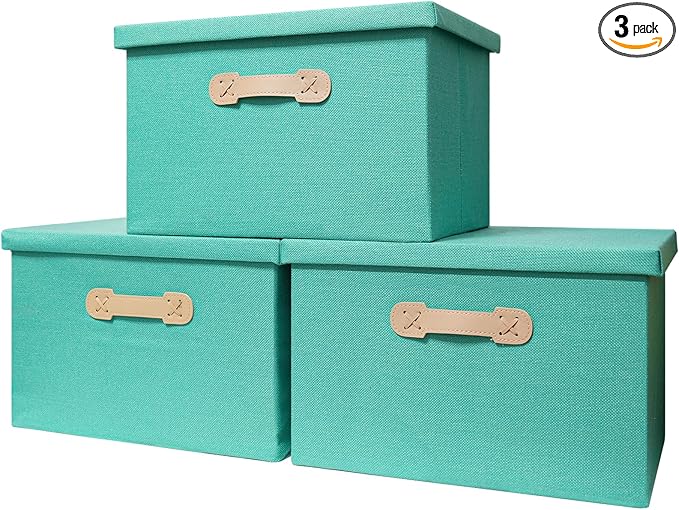 Enzk&Unity Decorative Storage Bins with Lids, Fabric Linen Foldable Storage Box with Handle Home Organizer for Shelf, Closet, Bedroom, Living Room, Office, 3 Packs, Teal