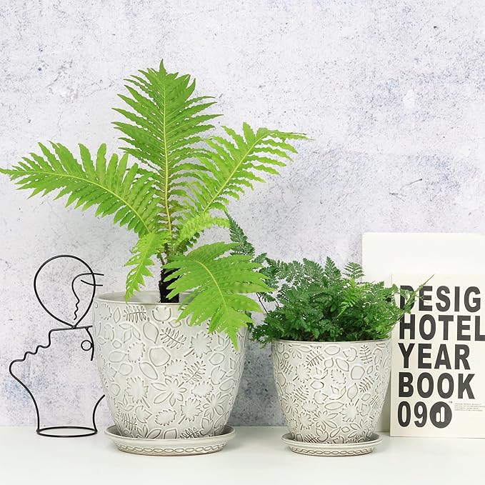 8 Inch + 6 Inch Retro Ceramic Planter Set of 2 with Drainage Hole and Saucer for Multiple Plants, Indoor-Outdoor Garden Pots for Succulent, Orchid, and Flower (Retro White)