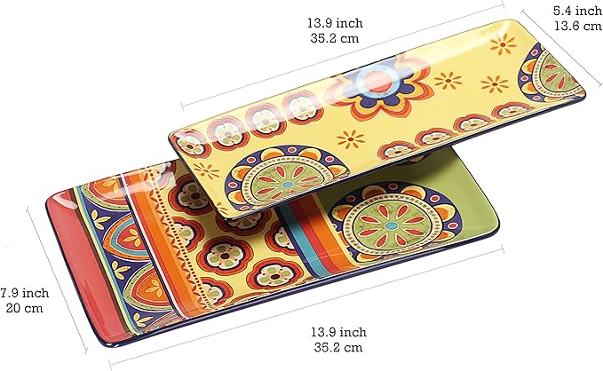 Bico Tunisian Ceramic 14 inch Rectangular Serving Platter, Set of 2, for Serving Salad, Pasta, Cheese, Ham, Appetizer, Microwave & Dishwasher Safe