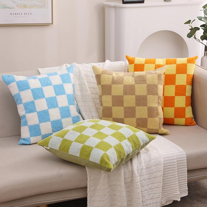 Alysheer Checkered Embroidered Decorative Throw Pillow Covers 18"x 18" Set of 2, Farmhouse Boho Orange Yellow Plaid Tufted Patterned Cotton Canvas Cushion Case for Sofa Couch Bed Living Room Outdoor