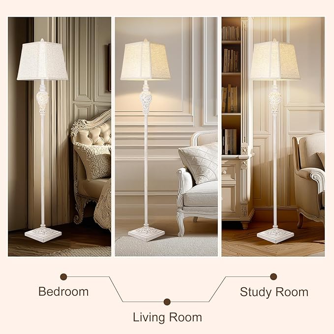 Floor Lamp for Living Room, Vintage Standing Lamp with Nightlight, 65" Tall Lamp with White Linen Shade, Farmhouse Rustic Floor Lamp for Bedroom, Office, Corner (LED Bulb Included)