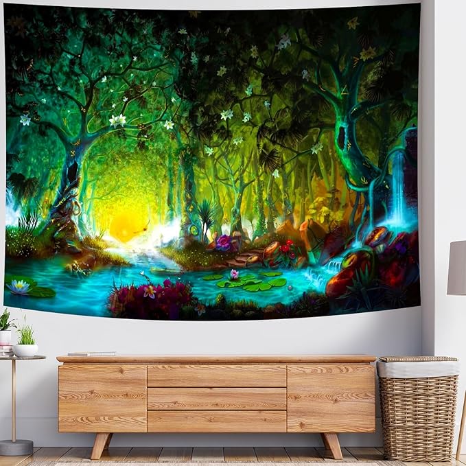Delur Fantasy Forest Tapestry Mystical River Enchanted Magical Fairy Tale Tree Tapestry Sunrise Landscape Sunset Nature Psychedelic Wall Hanging Headboard for Bedroom Living Room Home Decor (59.1" x 78.7")
