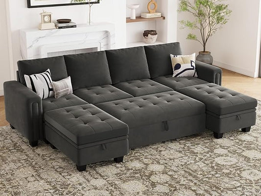 Belffin Modular Sectional Sleeper Sofa with Pull Out Bed Velvet Convertible U Shaped Sectional Sofa Couch with Storage Chaises for Living Room Grey