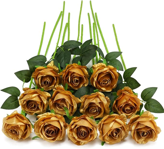 Gold Fake Roses Artificial Flowers - 10 Pcs Fake Artificial Roses Silk Flowers with Stems for Home Wedding Hotel Office Centerpiece Decor