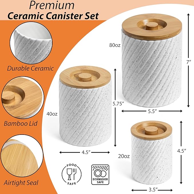 Ceramic Canister Set for Kitchen Countertop & Pantry – 3 Airtight Food Storage Containers for Flour, Sugar & More – Durable White Ceramic with Bamboo Lids