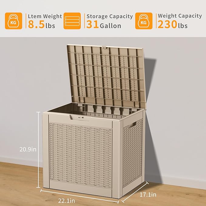 33 Gallon Deck Box Large Outdoor Storage for Patio Furniture,Outdoor Cushions,Garden Tools and Pool Supplies,Waterproof,Resin,Lockable(Grey)